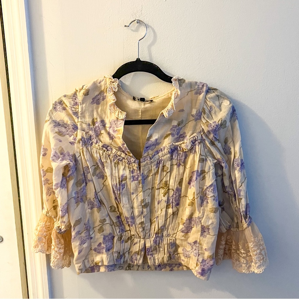 Love Sam top, cream and purple, size XS
